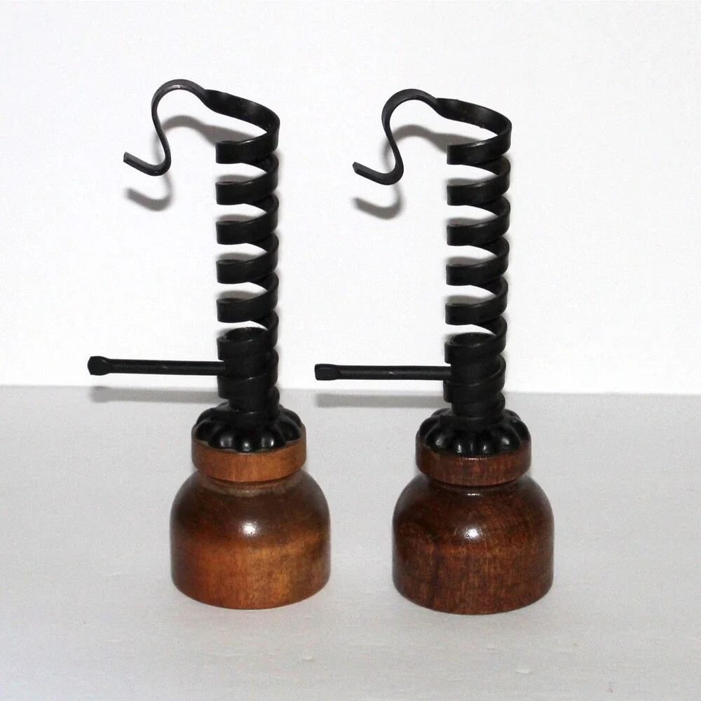 Vintage Iron And Wood Pair Of Two Matching Courting Candle Holders